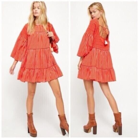 Free People Dresses & Skirts - Free People Lola Embroidered Mini Dress Tunic Open Back Orange White XSmall